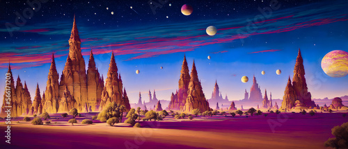 The painting depicts a futuristic, extraterrestrial landscape, showcasing an alien world. Generative AI