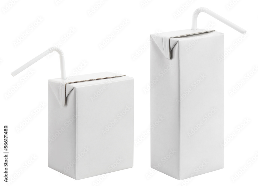 Set of cardboard mini juice packs with plastic tubes, cut out Set of cardboard mini juice packs with plastic tubes, cut out