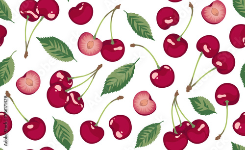 Cherry seamless pattern on white background. Ripe cherries with green leaves. The design is great for wallpaper, fabric, labels, packaging.