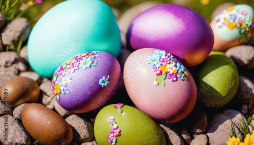 Vibrant Easter Celebrations captured in stunning still life, featuring colorful eggs and traditional decorations. Generative AI