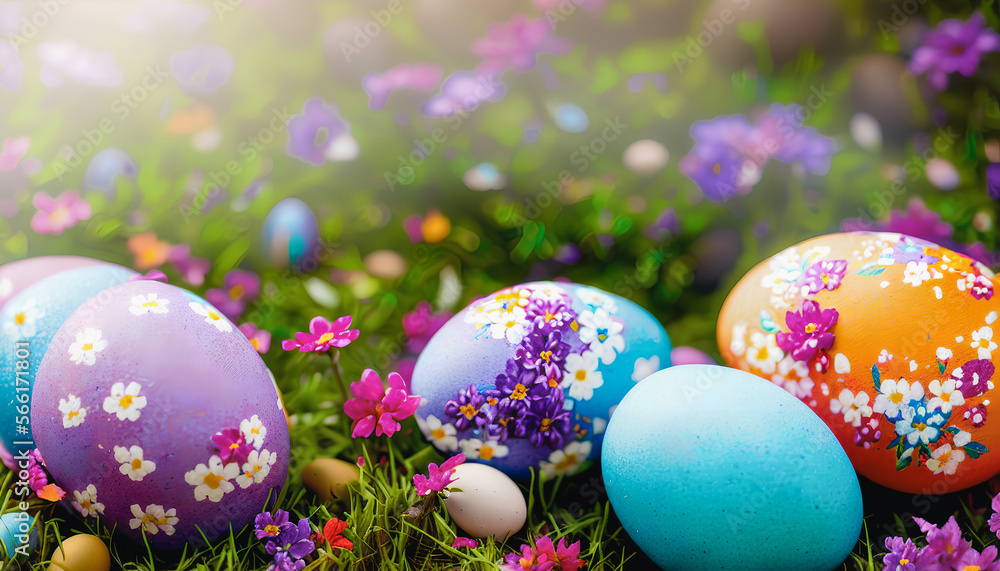 Vibrant Easter Celebrations captured in stunning still life, featuring colorful eggs and traditional decorations. Generative AI