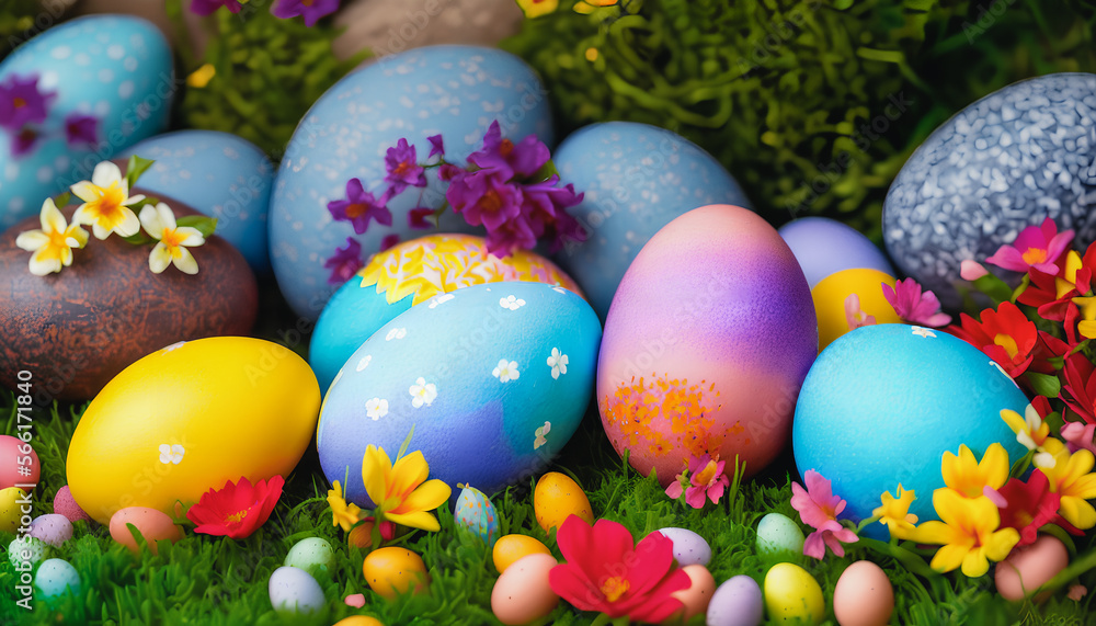 Vibrant Easter Celebrations captured in stunning still life, featuring colorful eggs and traditional decorations. Generative AI