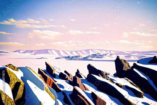 Snowy rocks in the mountainss art design photo