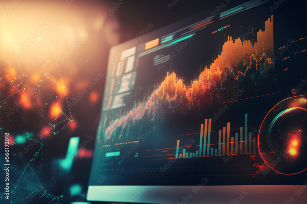 Stock market business and investing concept with rising forex market candlestick and diagram on modern laptop perspective view background, double exposure. ai generative.