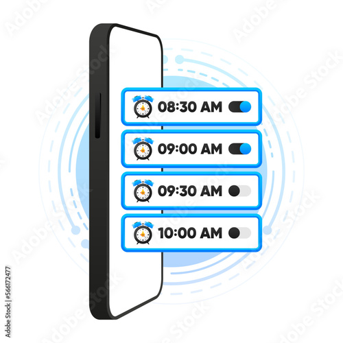 Alarm clock on mobile. Wake up time. Loud signal to wake up in the morning. Getting up in the morning or waking up. Vector illustration.