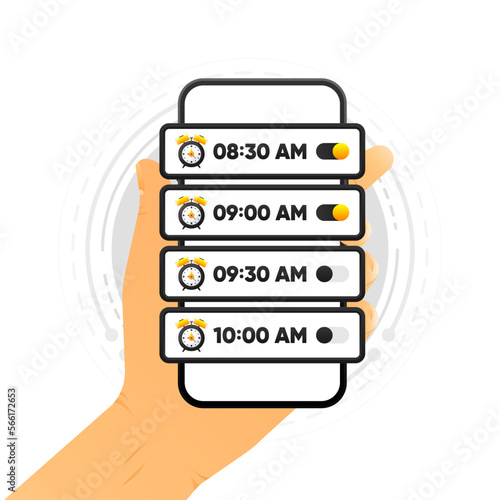 Alarm clock on mobile. Wake up time. Loud signal to wake up in the morning. Getting up in the morning or waking up. Vector illustration.