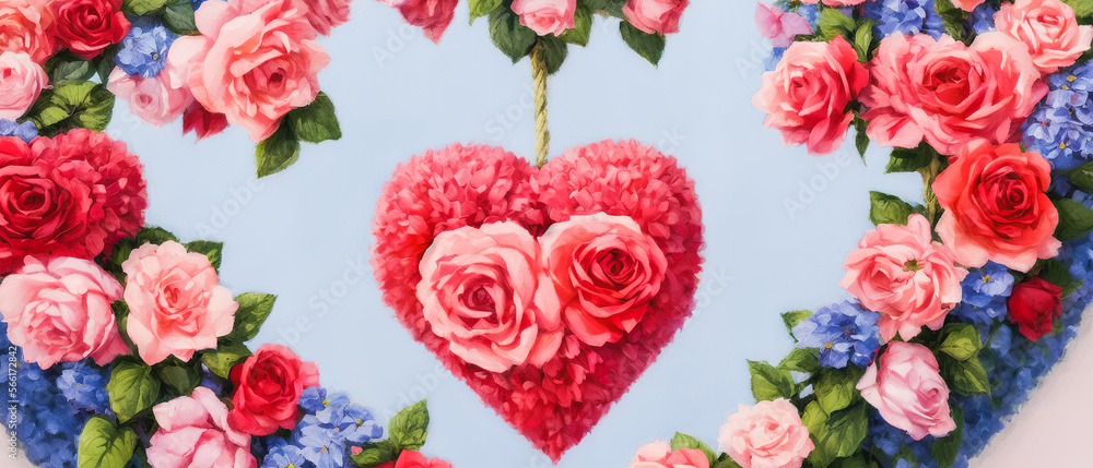Vibrant hearts amidst a diverse bouquet, Valentine's Day atmosphere. Generative AI