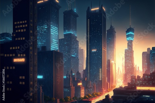 A photorealistic impressive view of a cityscape at night featuring tall skyscrapers, illustrations, Ai generative