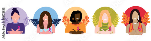 Collage of drawn woman with pink ribbons on white background. Breast cancer awareness concept
