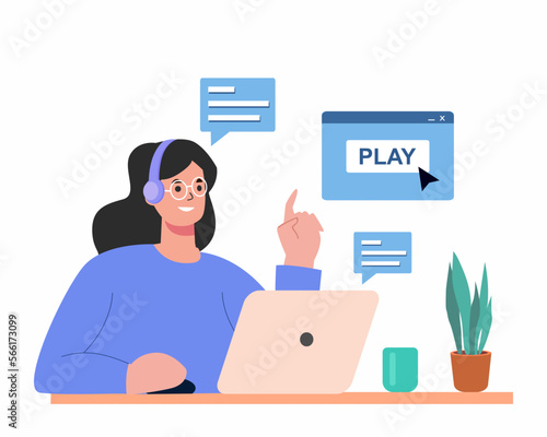 Woman Playing Game on Laptop Online, Entertainment Stay Home and Relaxed.