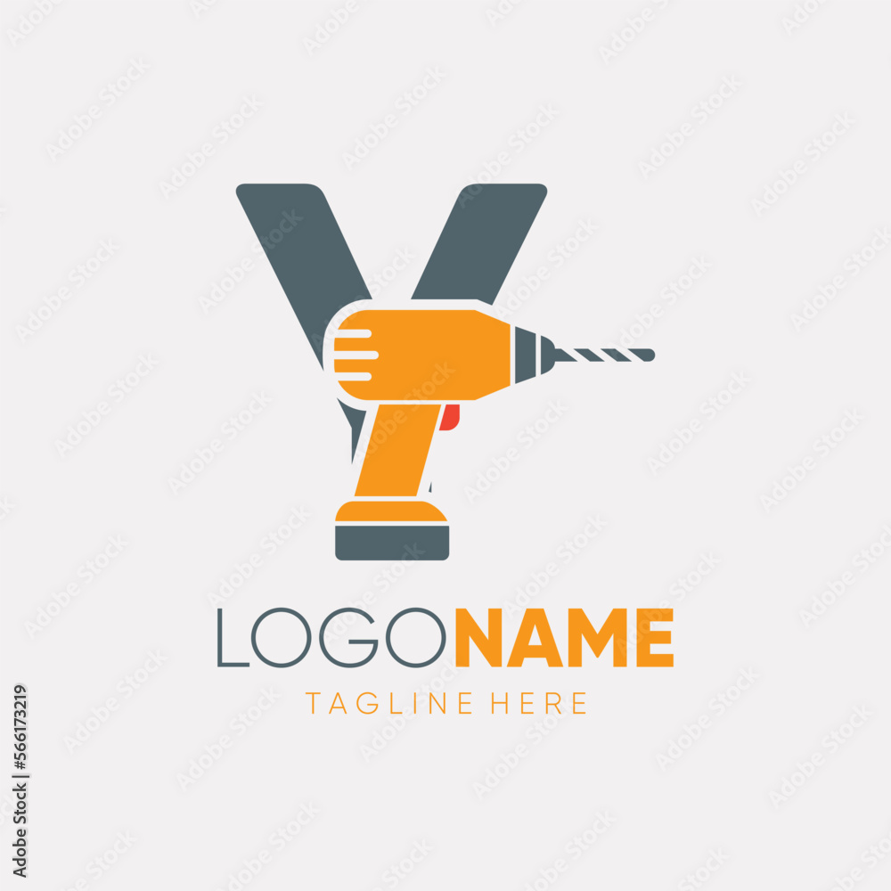 Letter Y Hand Drill Machine Logo Design Vector Icon Graphic Emblem Illustration