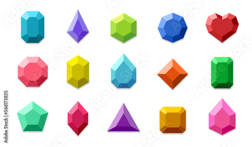 Set of colored crystals. Colorful jewels. Diamonds in cartoon style. Precious stones, jewelry.