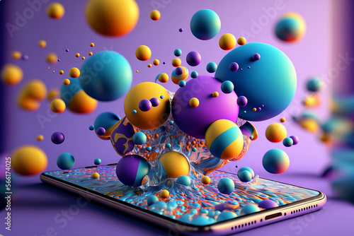 mobile phone with abstract dobjects on color background, social media marketing concept