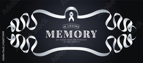 In loving memory of those who are forever in our hearts text and white ribbon sign in frame with upper and lowerwhite ribbon line roll waving around on dark background vector design