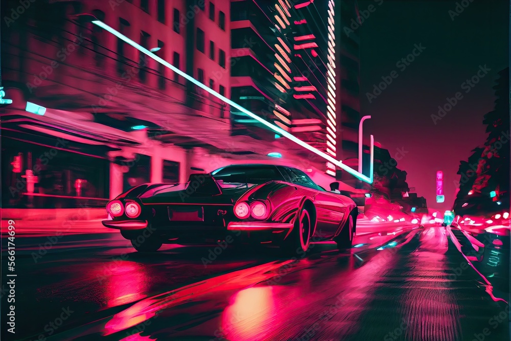 Fototapeta premium Sports car driving fast on the street in a cyberpunk city illuminated with pink and purple neon lights, action shot - generative ai
