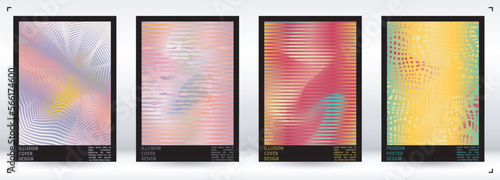 Geometrical Poster Design with Optical Illusion Effect.  Minimal Psychedelic Cover Page Collection. Colorful Wave Lines Background. Fluid Stripes Art. Swiss Design. Vector Illustration for Placard.