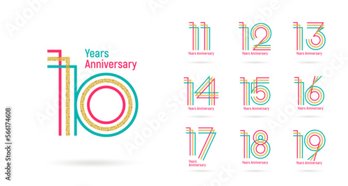 10th anniversary set 11 12 13 14 15 16 17 18 19 vector template. Design for birthday celebration, greeting card and invitation card. photo