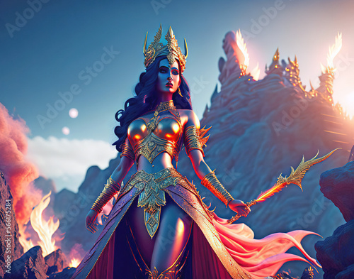 Wallpaper Mural Fantasy sci-fi sorceress with ornate gold crown, body armour and a wand. Rocky sunlit fiery planet in space in the backgroubnd. Generative AI illustration. Torontodigital.ca