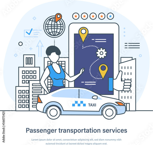Passenger transportation service for urban and intercity transportation. Public transport hire, order service mobile application. Online ordering taxi car thin line design of vector doodles