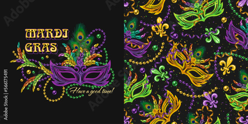 Set of label, seamless pattern for Mardi gras carnival decoration. Fleur de lis, feathers, masquerade mask, beads, ribbons on dark background. For prints, clothing, t shirt, holiday goods, stuff.