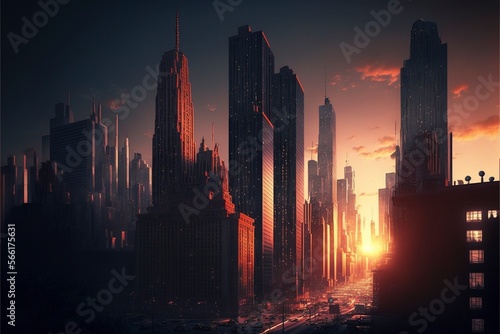 A illuminated night skyline of a city, illustration, Ai generative