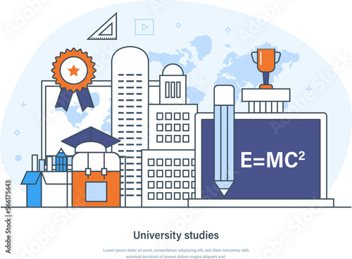 University studies, education, learning, professional seminars and courses web banner. Training course, specialization and university studies thin line design of vector doodles