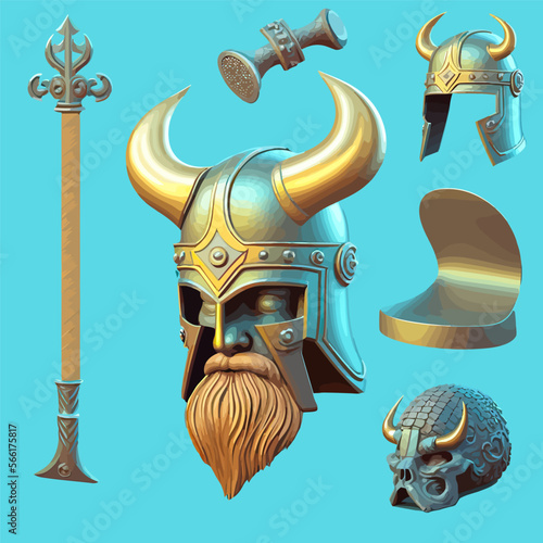 Viking helmet, nordic weapons and bugle horn for game ui design. Isolated on background. Vector illustration