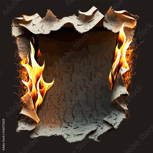 Burn paper holes and borders, burnt page with smoldering fire on charred uneven edges, parchment sheets in flame. Isolated on background. Vector illustration