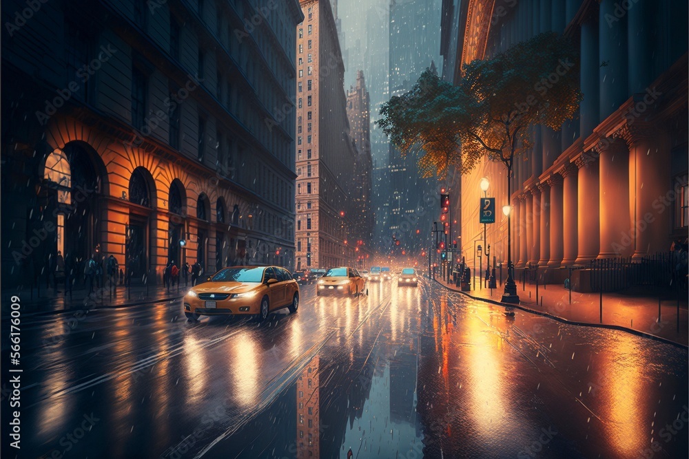 New York City street, with the lights of passing traffic reflecting, illustration, Ai generative