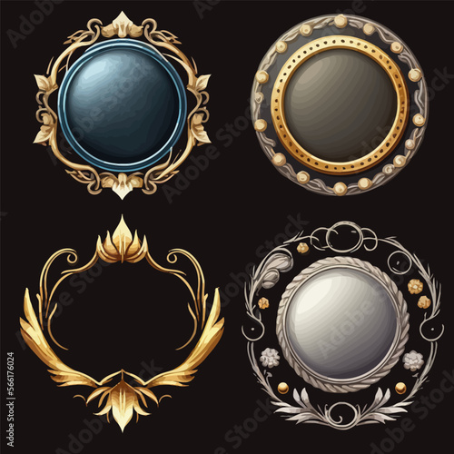Empty circle silver and gold frames in medieval style for game ui design. Isolated on background. Vector illustration