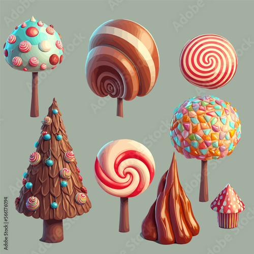 Fantasy sweets, candies, chocolate and waffle tubes for game ui design. Isolated on background. Vector illustration