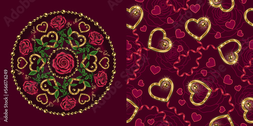 Set of round ornament, seamless pattern for wedding, engagement event, Valentines Day, gift decoration. Roses, golden heart, ribbons, beads on dark red background. Vintage style