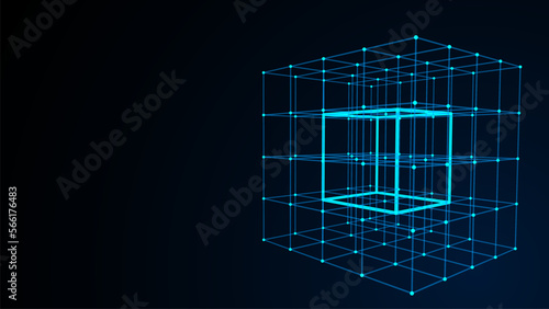 Wireframe cubes from different sides. Vector abstract geometric 3D objects. Technology block chain network connection.