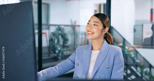 Business woman, happy and smile with success, target goal reach and job satisfaction, professional and bonus at Seoul office. Asian worker, happiness and excited, content and pride in work and career