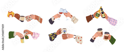 Cheers set, hands holding coffee cups, hot drinks, tea mugs, wine glasses, alcohol beverage in bottles. Friends, couples celebrating together. Flat vector illustrations isolated on white background