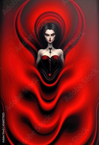 Fantasy horror sorceress or vampire in a flowing rippled red dress. Generative AI illustration.