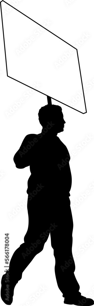 Protestor or demonstrator at a demonstration march, picket line or strike protest rally in silhouette. Holding up a banner or picket sign board placard.