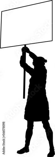 Protestor or demonstrator at a demonstration march, picket line or strike protest rally in silhouette. Holding up a banner or picket sign board placard.