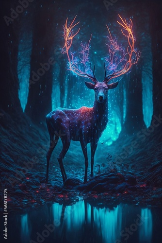 Bioluminescent deer  rainforest. AI generated.