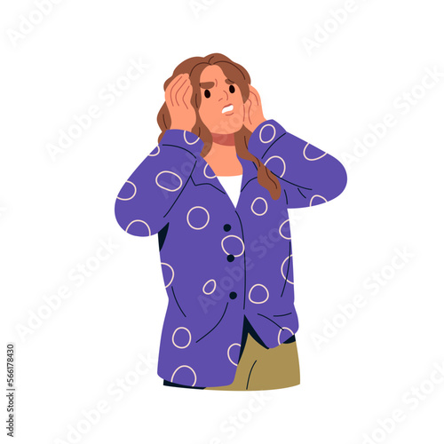 Worried annoyed woman in trouble. Angry anxious overwhelmed person feeling disgust, anger, discomfort. Girl in difficulty, negative expression. Flat vector illustration isolated on white background