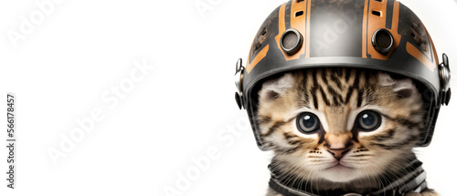Security of cute cat wearing helmet on white background.generative Ai