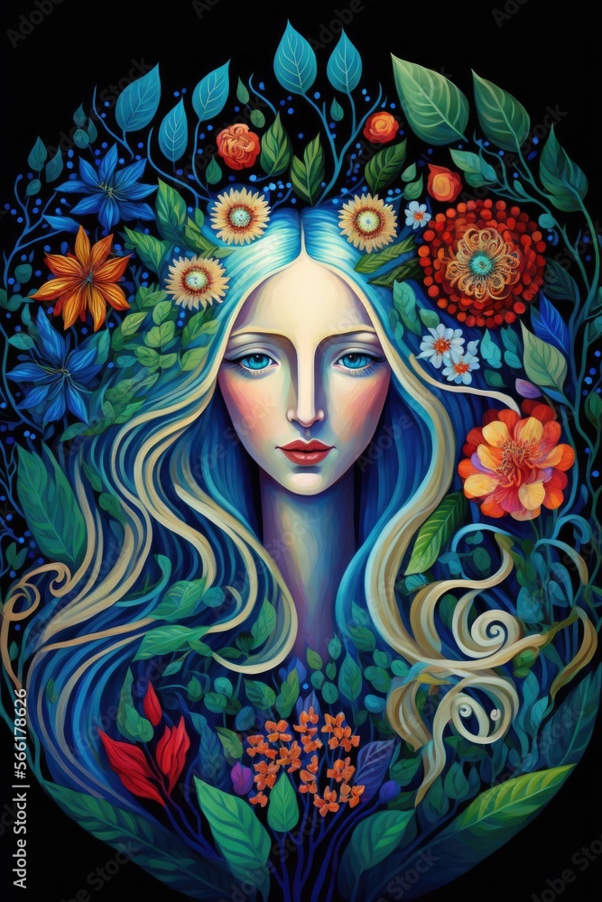 Fototapeta premium Illustration of a goddess of nature. Her hair merges with flowers. Colorful, magical tarot naive art. Created with generative AI.