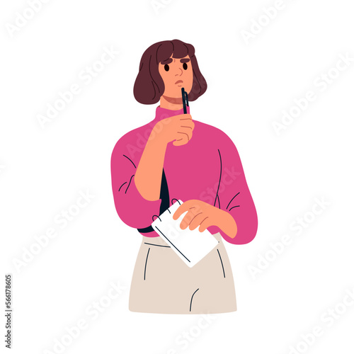 Pensive woman thinking about problems. Thoughtful person in thoughts, difficulty, troubled face expression. Puzzled girl pondering, doubting. Flat vector illustration isolated on white background