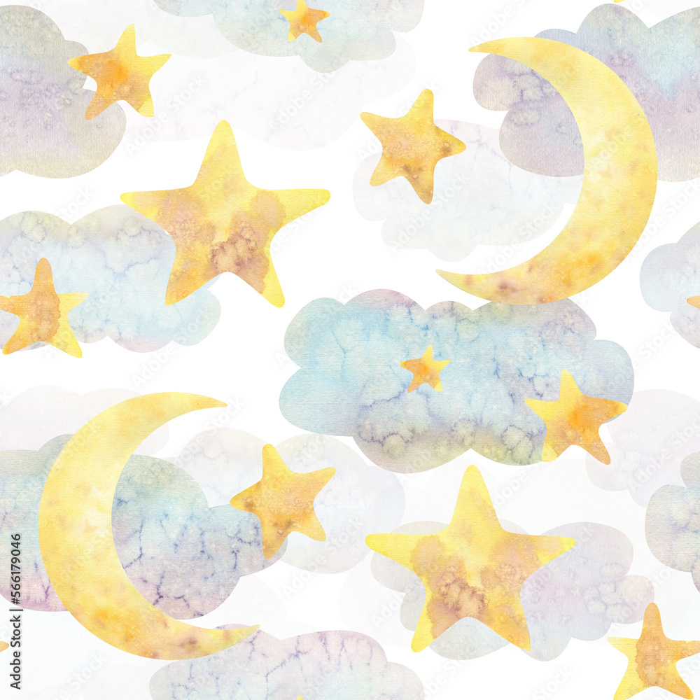 Moon with stars in clouds on a white background. Watercolor illustration. Seamless pattern from the BAMBOO collection. For decoration and design of fabric, textiles, wallpaper, packaging paper. Moon with stars in clouds on a white background. Watercolor illustration. Seamless pattern from the BAMBOO collection. For decoration and design of fabric, textiles, wallpaper, packaging paper.