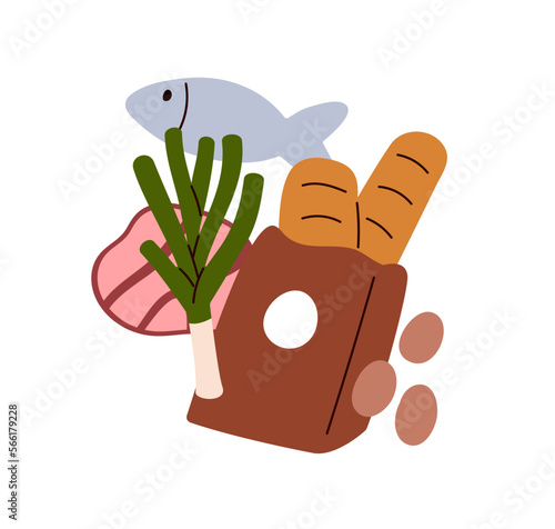 Grocery shopping bag with fresh food products. Supermarket package, vegetable...