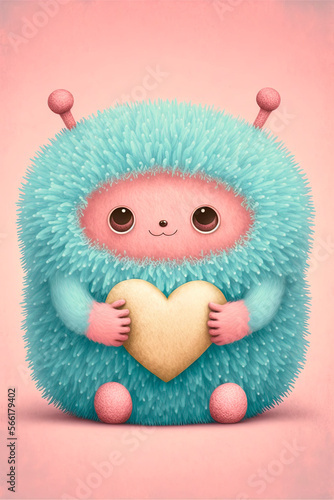 Adorable monster holding a heart. Cute valentines monster. Valentines day card. Art illustration © Oleksandr