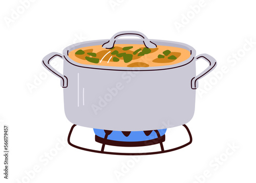 Soup in saucepan, cook process on gas cooker. Sauce pan, pot with liquid meal, cooking on stove burner. Metal stockpot with hot home dish, food. Flat vector illustration isolated on white background