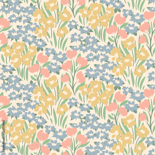 Seamless floral pattern with gentle sketch meadow. Cute ditsy print, spring botanical design with small hand drawn plants: tiny flowers, leaves on a light background.  Vector illustration.