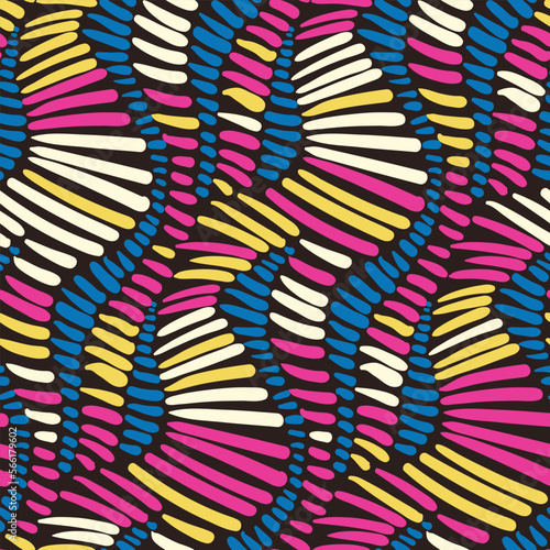 Seamless pattern, doodle texture with bright hatched waves on a dark surface. Abstract background design with simple hand drawn pattern. Vector illustration.
