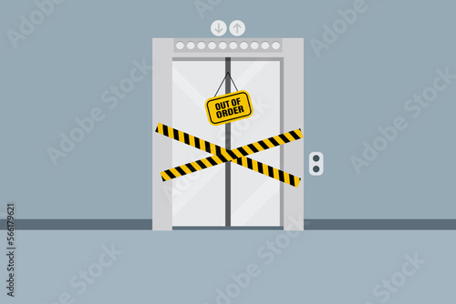 Broken elevator closed for repair or maintenance. Warning yellow stripe. No entry. Vector illustration